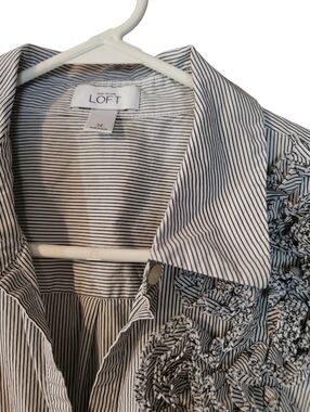 Loft blouse pinstripes blue white fabric roses feminine preppy old money